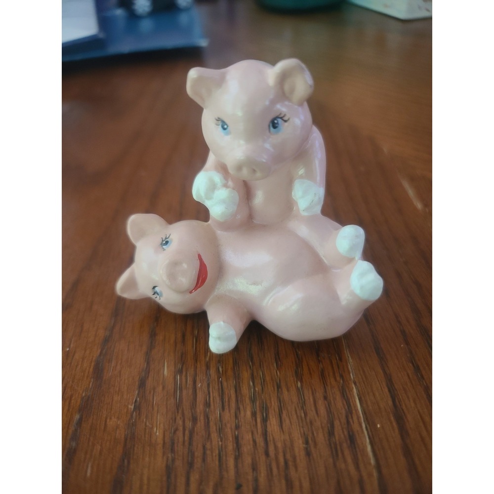 Vintage Ceramic Pink Pig Couple Figurine Hand Painted Pottery Art Mark Farmhouse